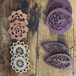 Wooden Mandala and Tree Earrings Set